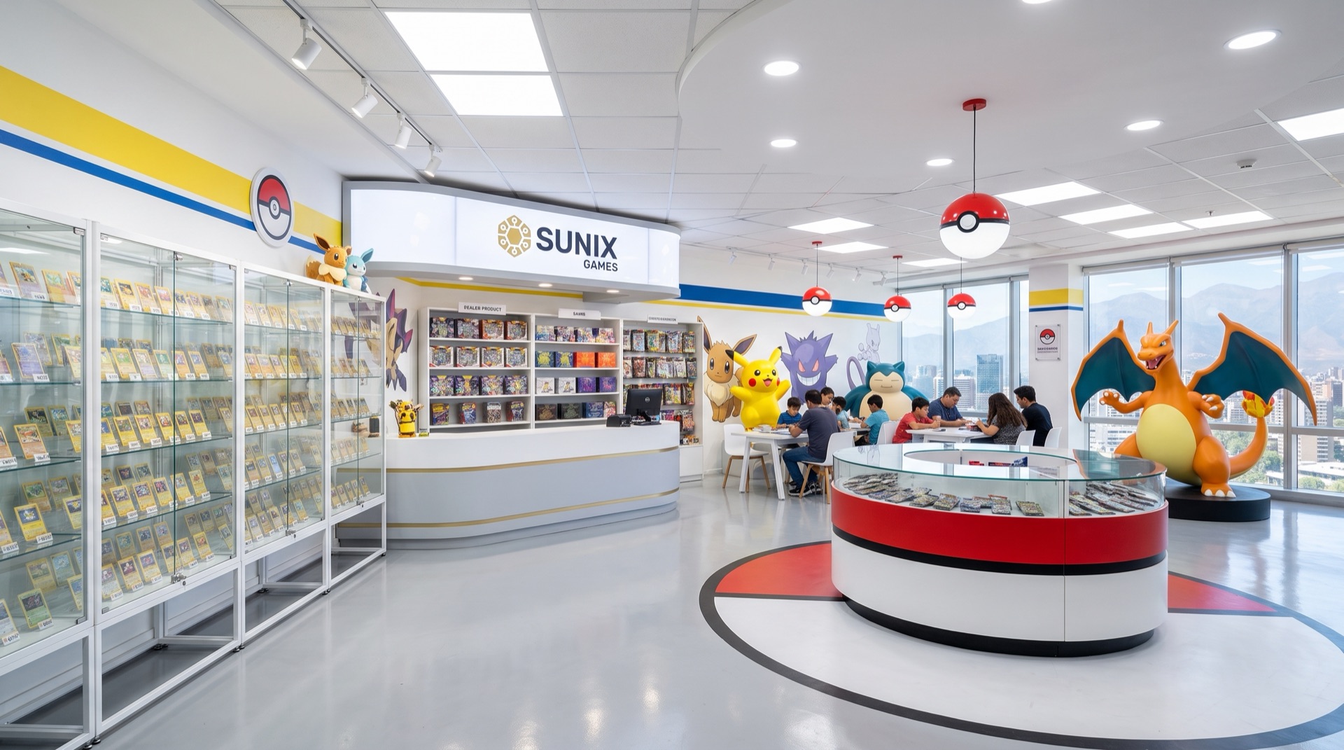 Vista general de la tienda Sunix Games en el piso 4, con vitrinas, pack bar y una estatua de Charizard