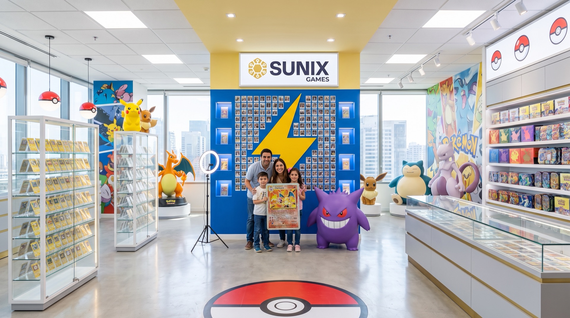 Muro de hits azul con un rayo amarillo, fotos de clientes y una familia posando con su carta