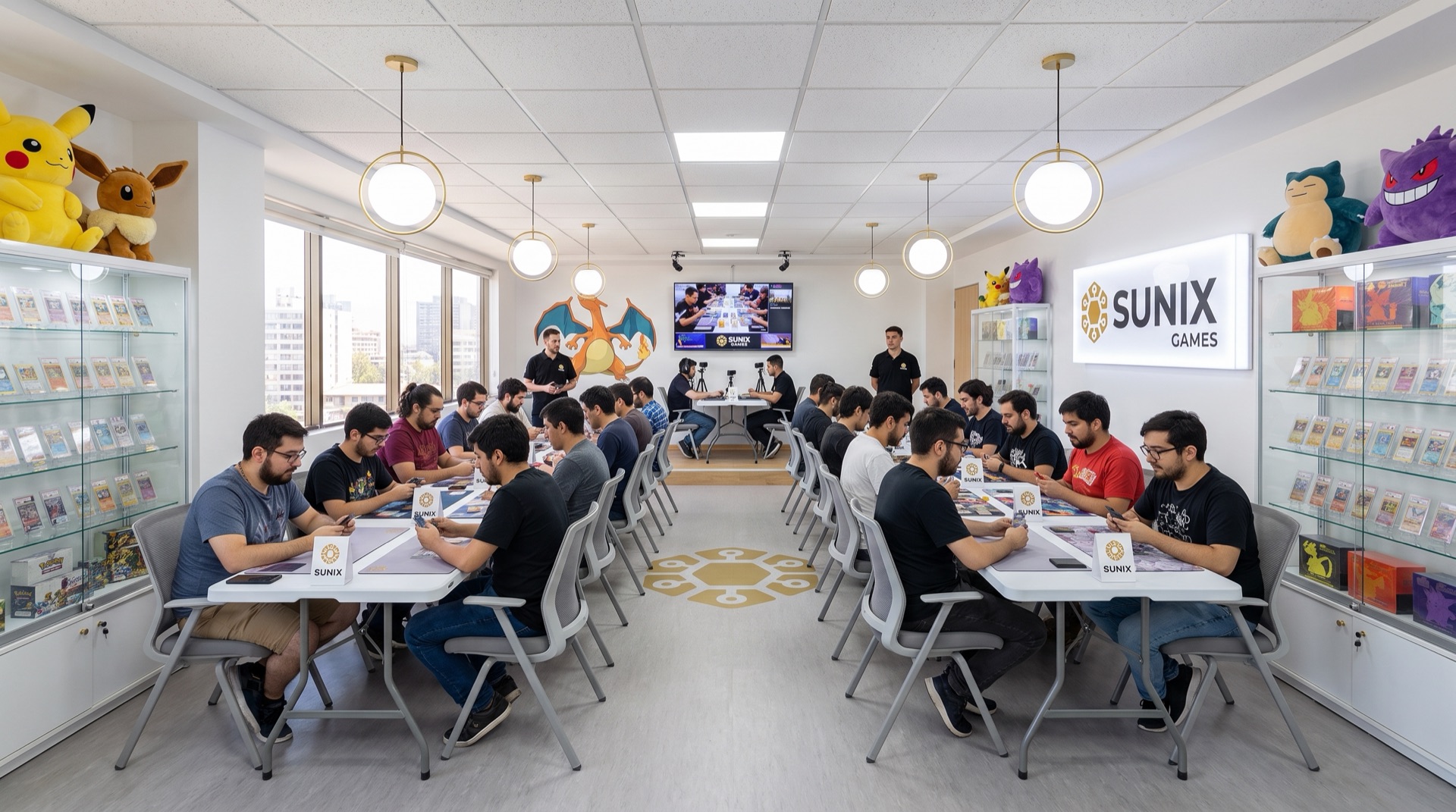 Sala de torneo con dos filas de mesas blancas, mesa destacada transmitida y mural de Charizard