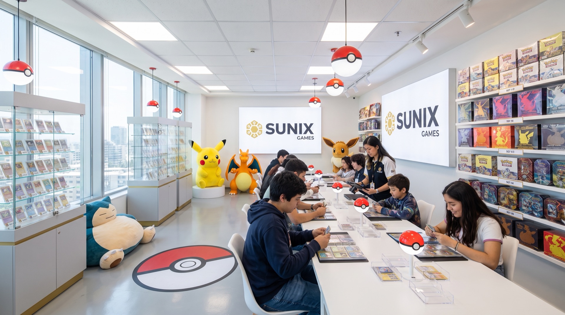 Zona de cambio con mesa larga, bandejas acrílicas, lámparas Poké Ball y un staff validando cartas