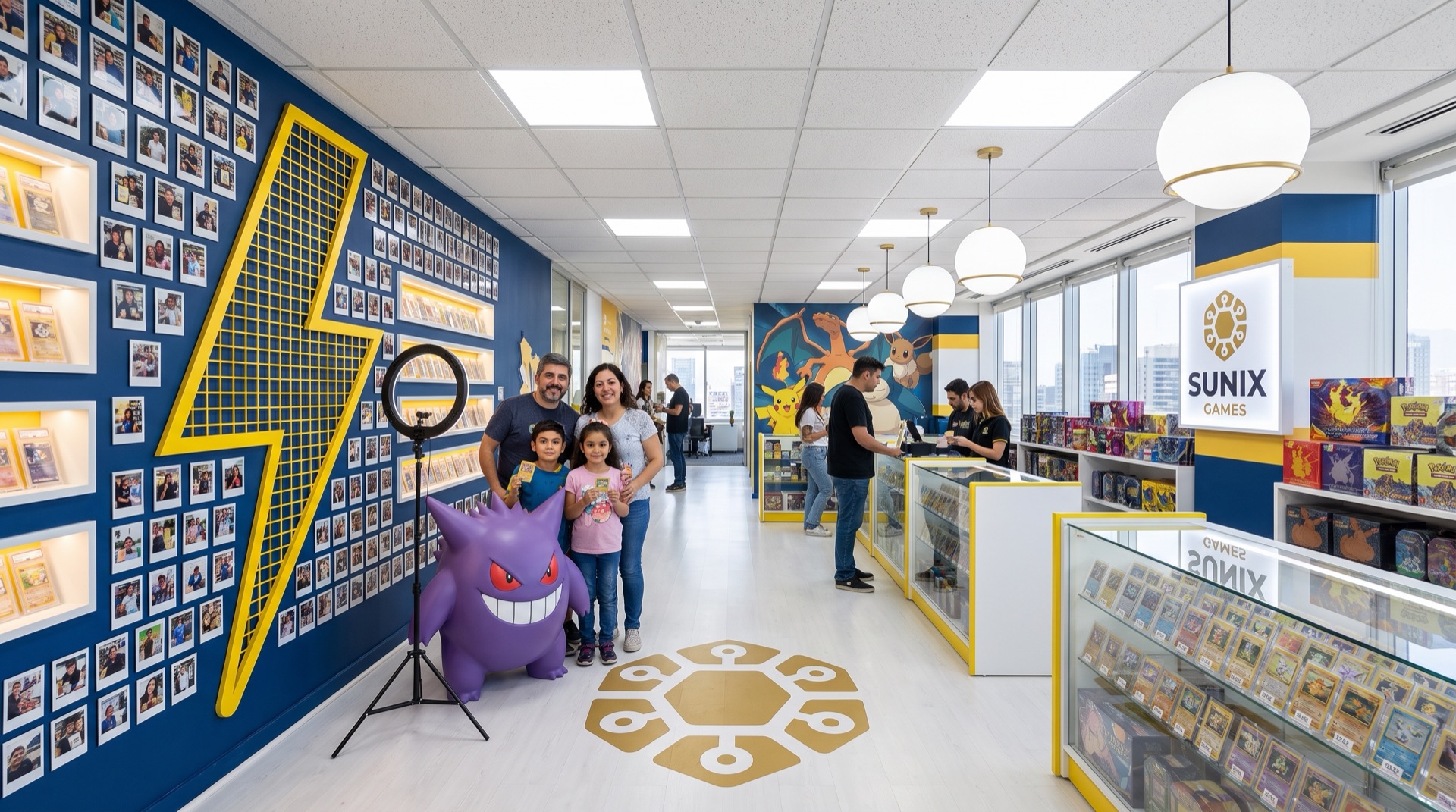 Muro de hits azul con un rayo amarillo, fotos de clientes y una familia posando con su carta