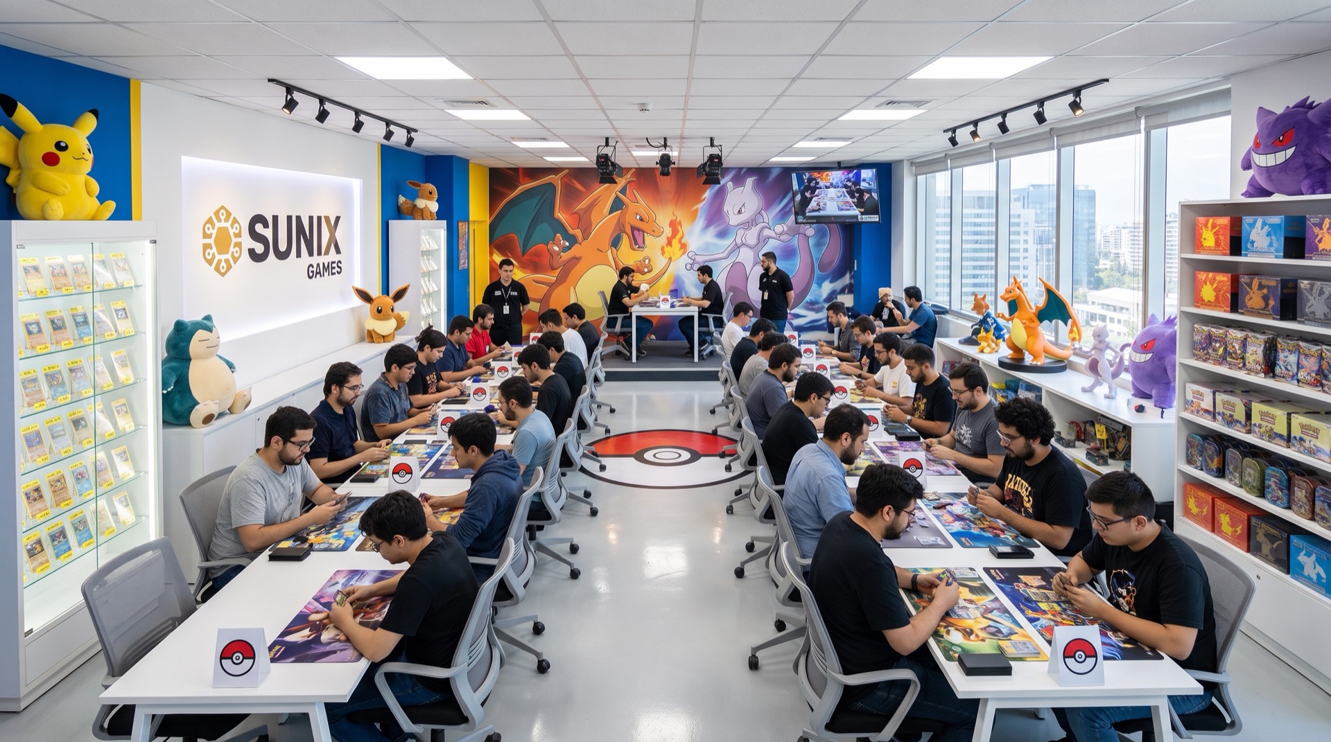 Sala de torneo con jugadores en mesas blancas, mesa destacada transmitida y mural de Charizard