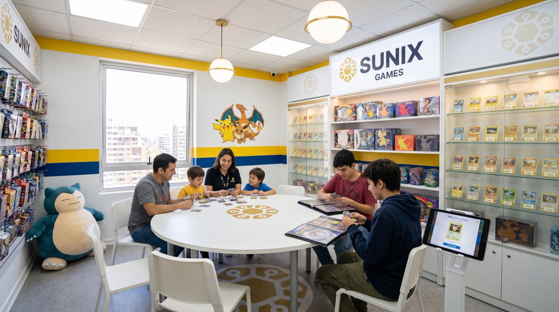 Sala casual con mesa redonda: una familia aprende a jugar y dos jóvenes cambian cartas con el scanner en una tablet