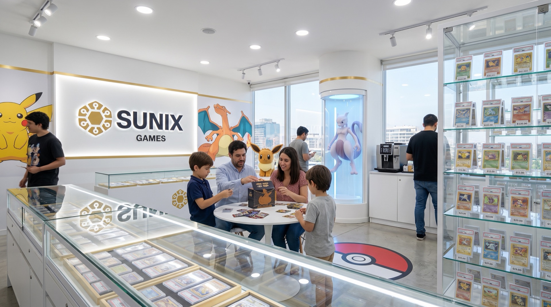Sala VIP luminosa con vitrinas de cartas gradeadas, una familia abriendo una caja y una estatua de Mewtwo