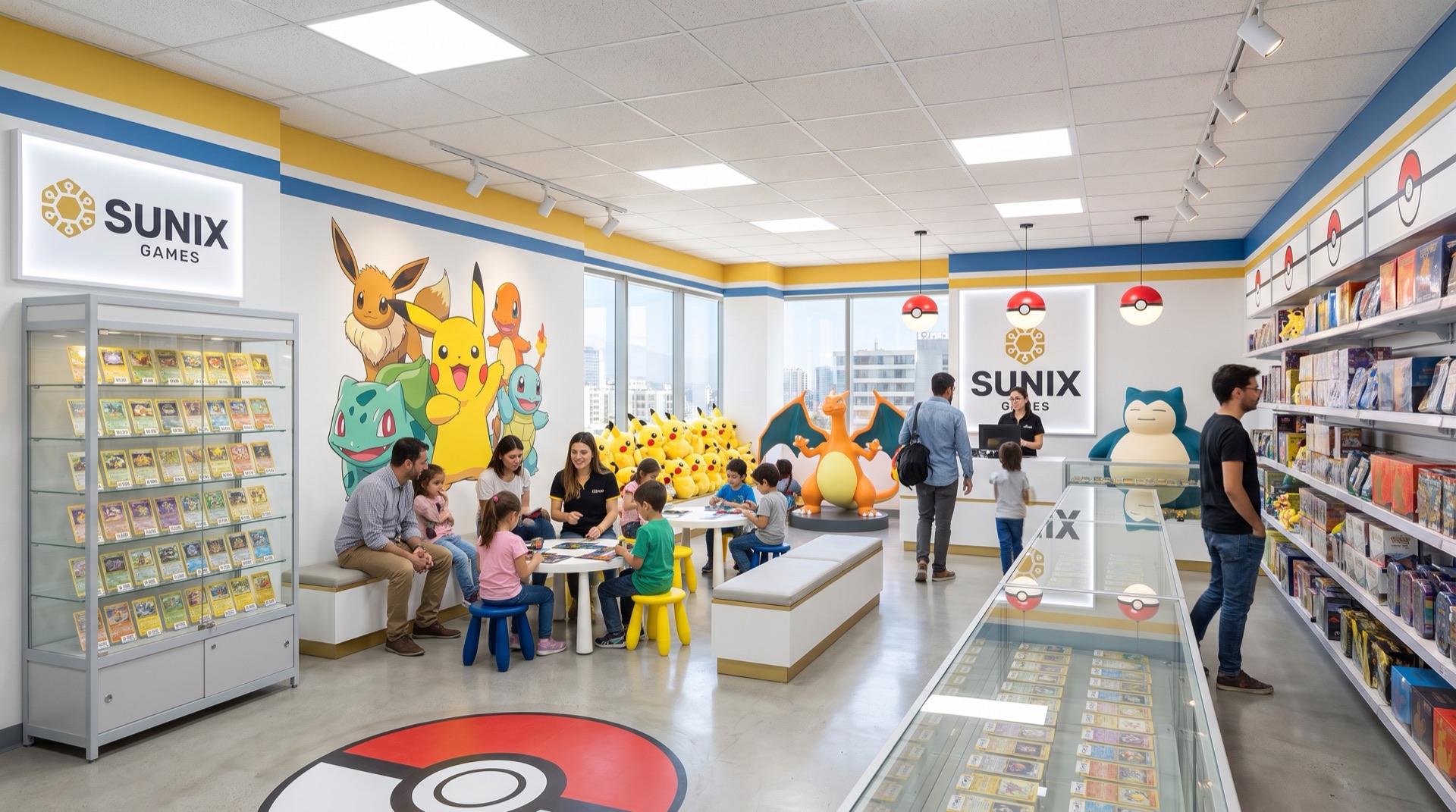 Rincón familiar con niños aprendiendo a jugar frente a un mural de Pikachu y los iniciales