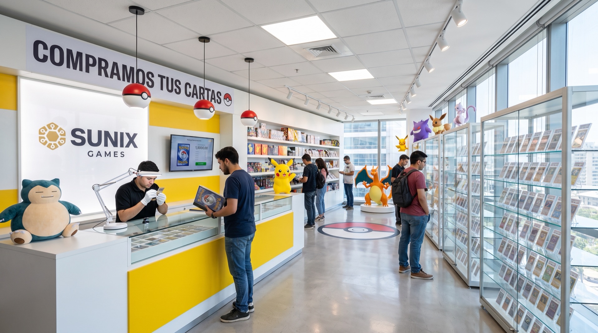 Mostrador de compra con el letrero Compramos tus cartas, un staff revisando una carta con lupa