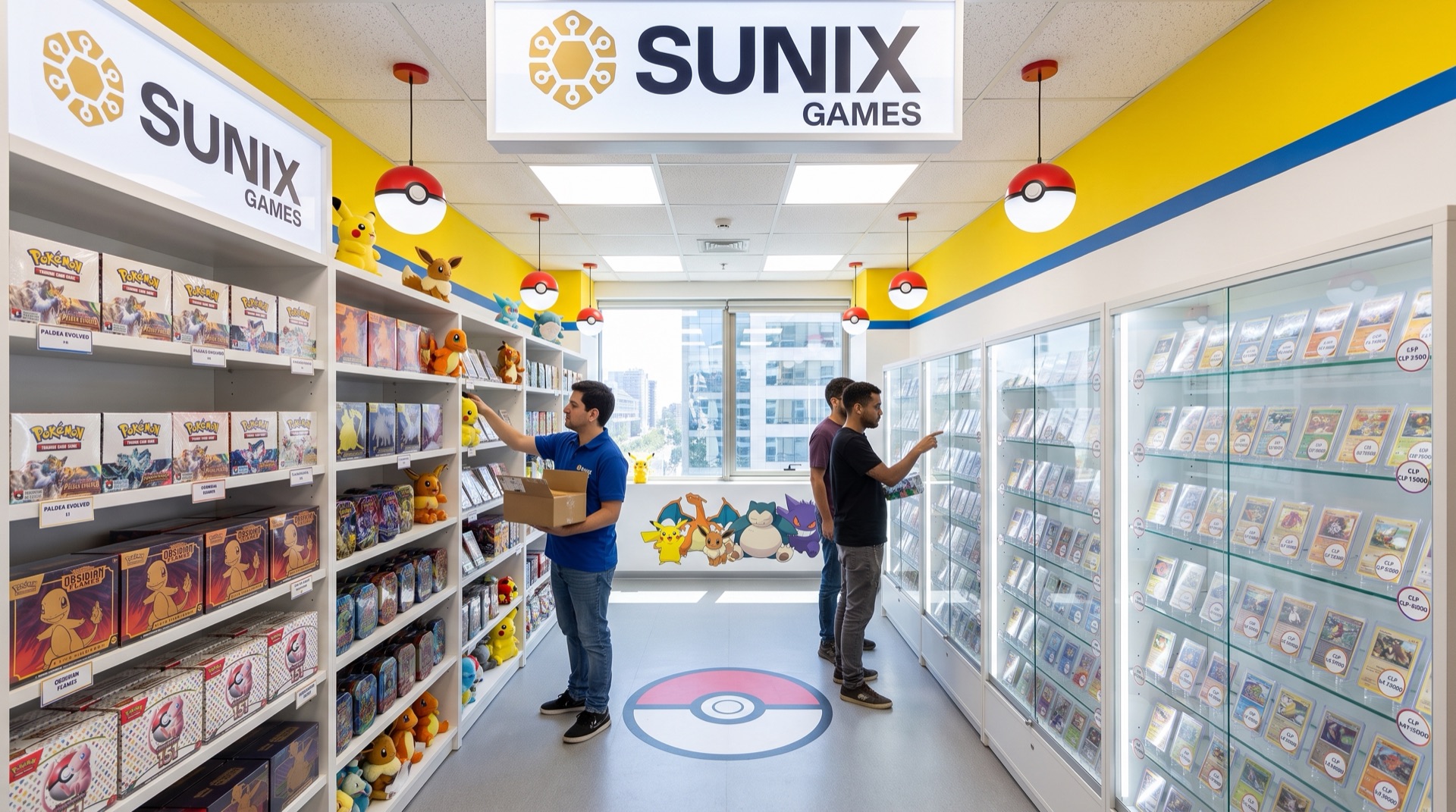 Pasillo de la tienda con muro de sellado a un lado y vitrinas de cartas al otro, estilo Akihabara