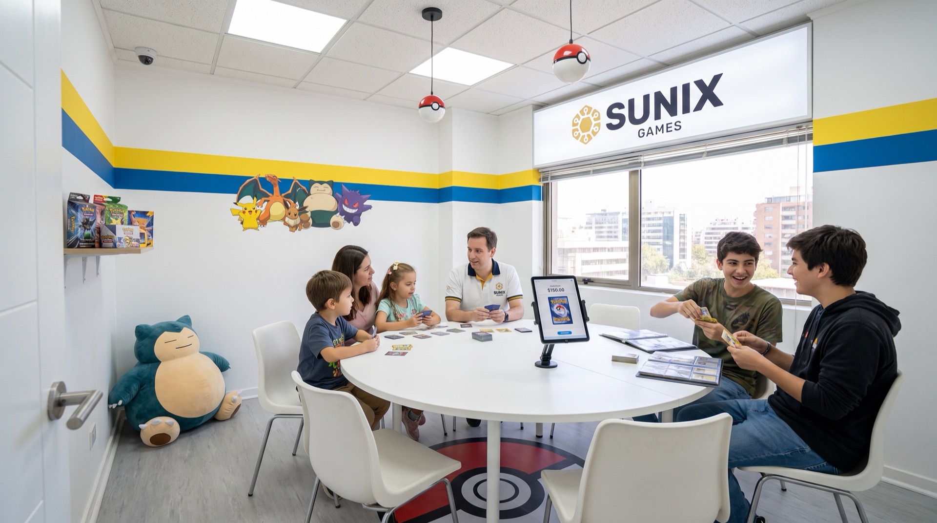 Sala casual con mesa redonda: una familia aprende a jugar y dos jóvenes cambian cartas con el scanner en una tablet